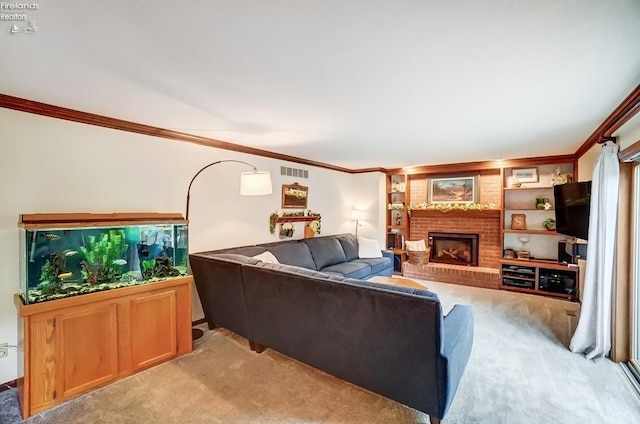 living room featuring a brick fireplace, ornamental molding, and light carpet