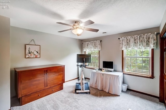 office space with a textured ceiling, ceiling fan, and light colored carpet