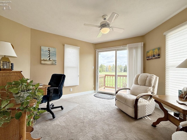 carpeted office space with ceiling fan and a textured ceiling