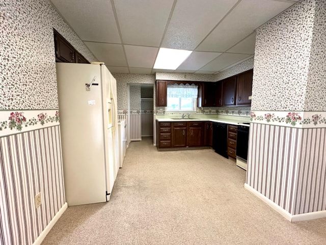 kitchen featuring dark brown cabinets, light carpet, black appliances, and a drop ceiling