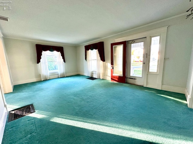 unfurnished living room with ornamental molding, carpet floors, and a textured ceiling