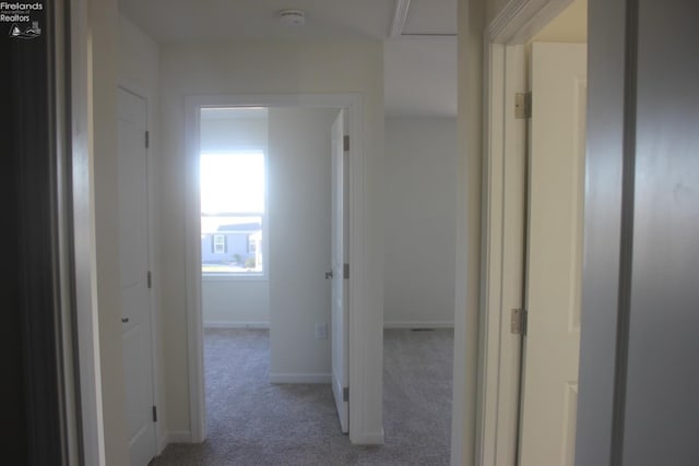 hallway with light colored carpet