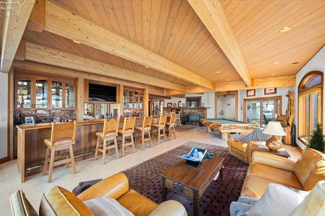 tiled living room featuring wood ceiling, beam ceiling, bar area, and billiards