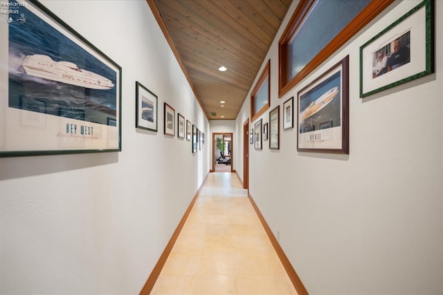 hallway featuring wooden ceiling