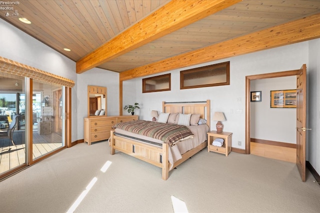 carpeted bedroom with wood ceiling, access to outside, and beamed ceiling