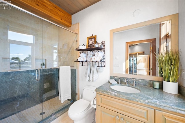 bathroom with toilet, tile patterned flooring, wooden ceiling, vanity, and walk in shower