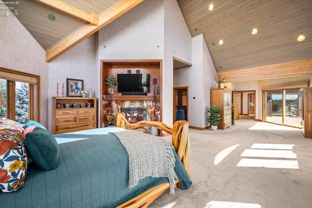 bedroom with access to outside, light carpet, wooden ceiling, beamed ceiling, and high vaulted ceiling