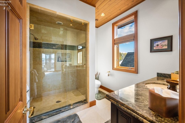 bathroom with wood ceiling, toilet, vanity, an enclosed shower, and tile patterned floors