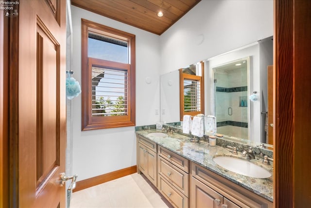 bathroom featuring vanity, a shower with shower door, tile patterned flooring, and wood ceiling