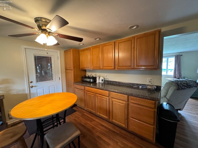 kitchen featuring dark wood-type flooring, a textured ceiling, and ceiling fan