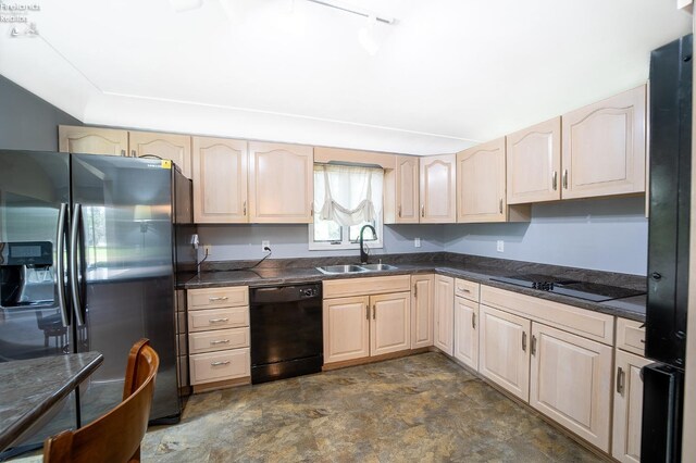 kitchen featuring sink, black appliances, and light brown cabinets