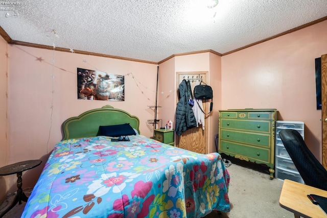 bedroom featuring a textured ceiling, a closet, carpet floors, and ornamental molding