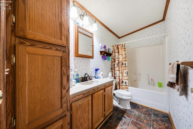 full bathroom with a textured ceiling, shower / bathtub combination with curtain, vanity, lofted ceiling, and crown molding