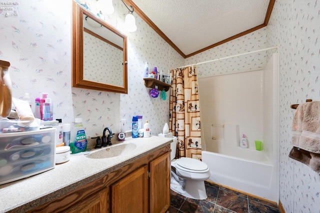 full bathroom featuring crown molding, vanity, a textured ceiling, shower / tub combo, and lofted ceiling