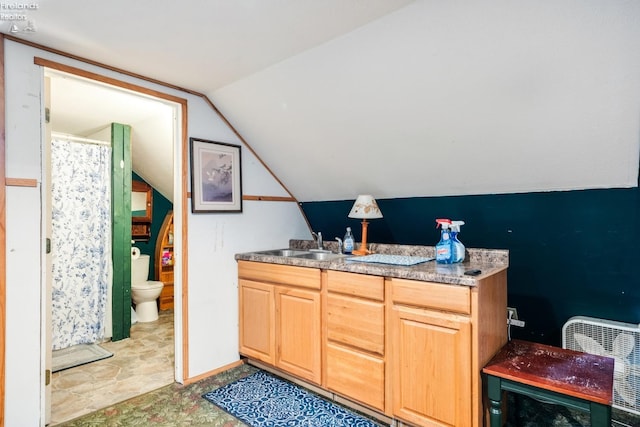 bathroom with vanity, toilet, and vaulted ceiling