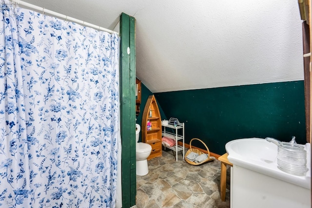 bathroom featuring toilet, vaulted ceiling, and a shower with curtain