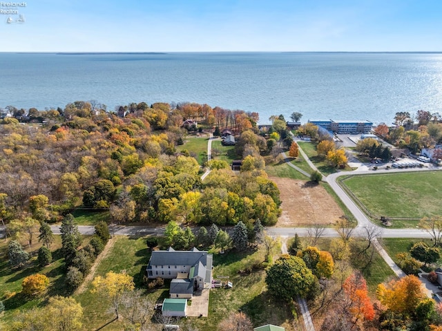 drone / aerial view featuring a water view