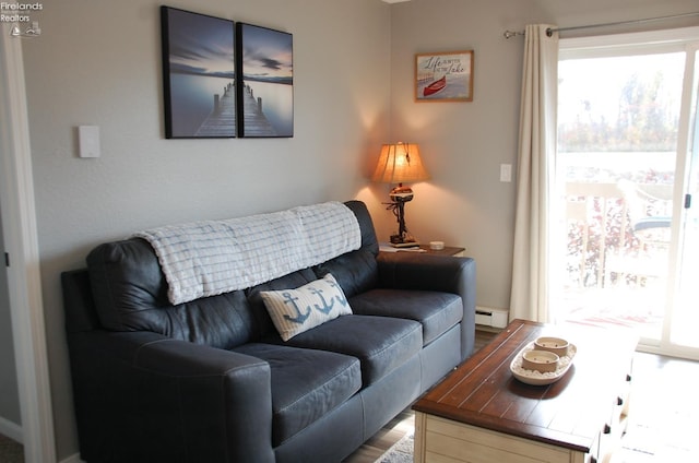 living room featuring baseboard heating and wood-type flooring