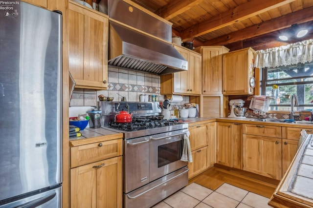 14136 Township Rd Unit 108, Findlay, OH 45840 - kitchen featuring a sink, extractor fan, stainless steel appliances, tile countertops, and wooden ceiling