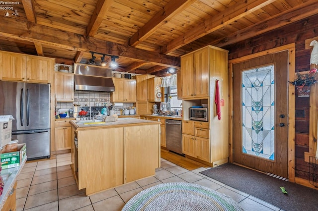 kitchen featuring a kitchen island, stainless steel appliances, wall chimney exhaust hood, wooden ceiling, and light tile patterned floors