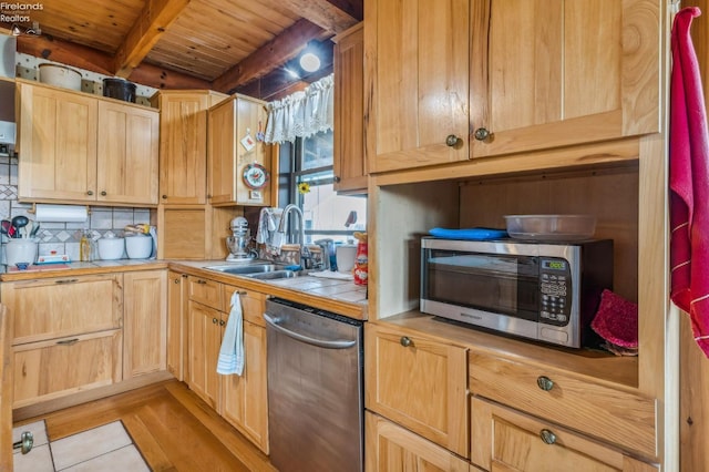 kitchen featuring appliances with stainless steel finishes, sink, light wood-type flooring, wood ceiling, and beam ceiling