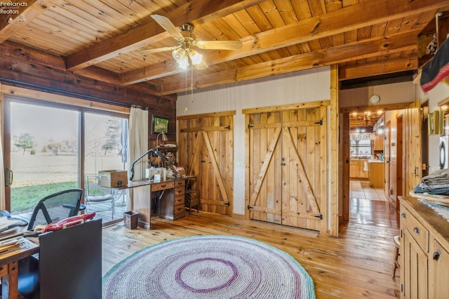 14136 Township Rd Unit 108, Findlay, OH 45840 - office space with wood ceiling, ceiling fan, wood walls, beamed ceiling, and light wood-style floors