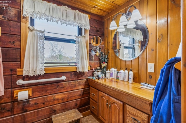 bathroom featuring wood ceiling and wood walls