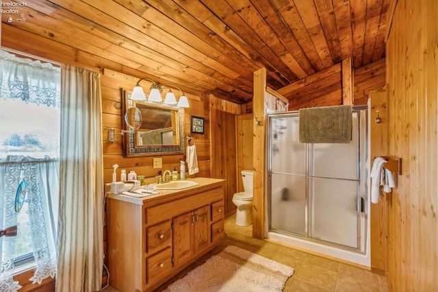 bathroom featuring wood ceiling, toilet, wood walls, a shower with shower door, and vanity