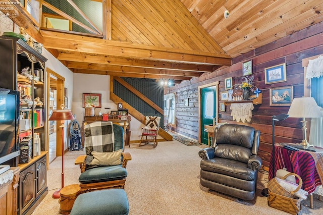 living room with wood walls, light carpet, high vaulted ceiling, and wooden ceiling