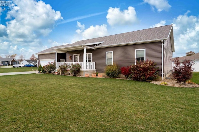 ranch-style house with a porch and a front yard