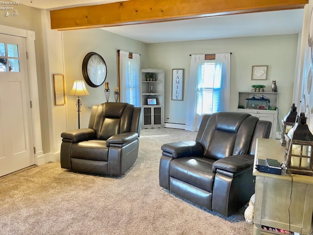 living room featuring carpet flooring, beamed ceiling, and baseboard heating