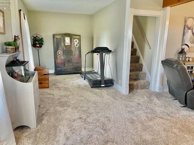 exercise room featuring light colored carpet