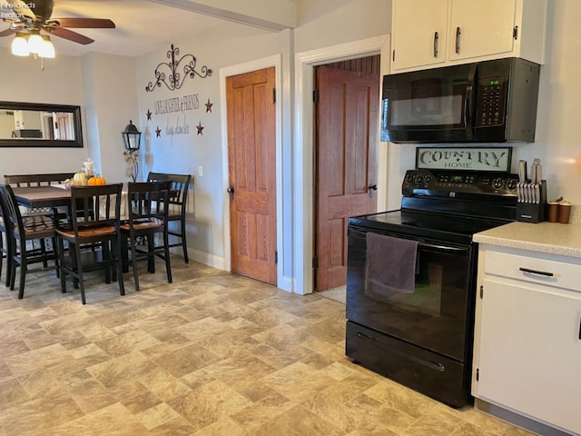 kitchen with ceiling fan, black appliances, and white cabinets