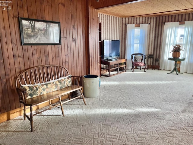 living area featuring wood walls, wooden ceiling, and carpet