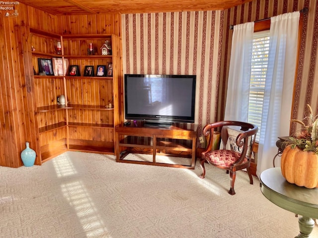 sitting room featuring wooden walls and carpet floors