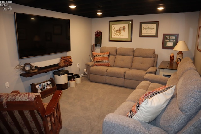 living room featuring light carpet