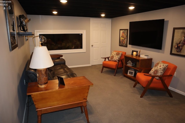 sitting room featuring carpet and a fireplace