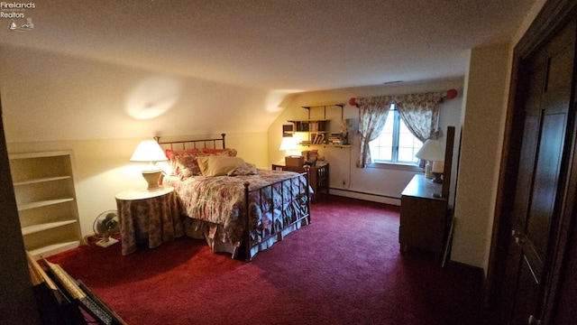 bedroom featuring dark colored carpet, a baseboard radiator, a textured ceiling, and vaulted ceiling