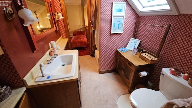 bathroom featuring toilet, vanity, and a skylight