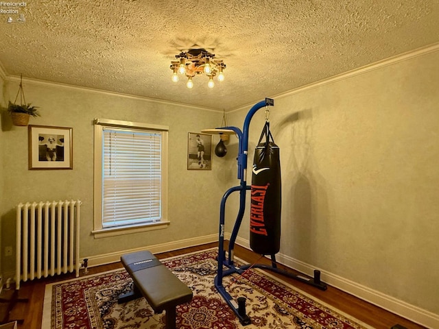 workout area with radiator heating unit, dark hardwood / wood-style flooring, a textured ceiling, and crown molding