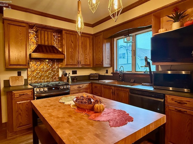 kitchen with butcher block counters, sink, crown molding, appliances with stainless steel finishes, and custom exhaust hood