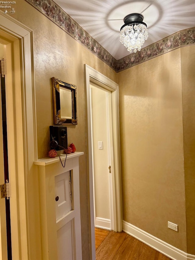 hallway with a chandelier and hardwood / wood-style flooring