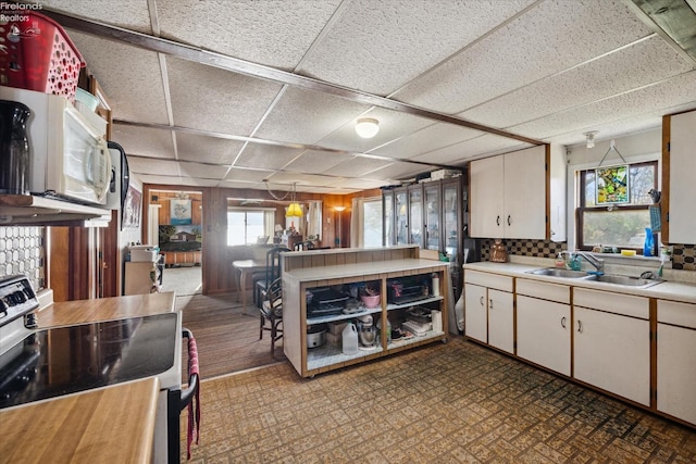 kitchen featuring white cabinets, range, tasteful backsplash, sink, and dark hardwood / wood-style floors