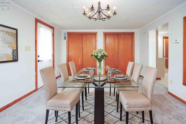 carpeted dining room with crown molding