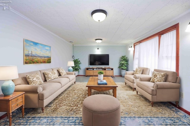 carpeted living room with crown molding