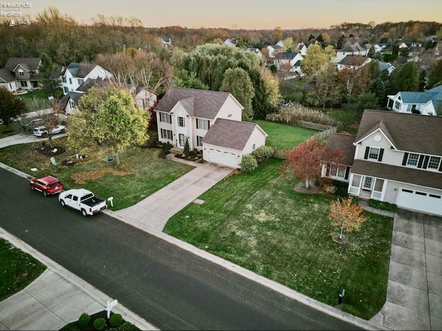 view of aerial view at dusk