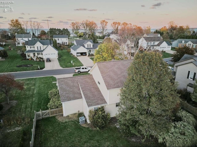 view of aerial view at dusk