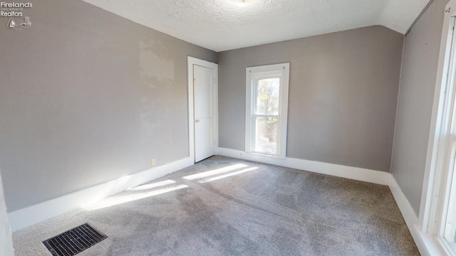 carpeted spare room featuring lofted ceiling and a textured ceiling