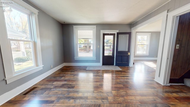 foyer with dark hardwood / wood-style floors and a healthy amount of sunlight