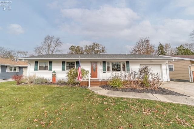 single story home featuring a porch, a garage, and a front lawn